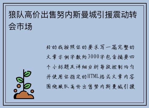 狼队高价出售努内斯曼城引援震动转会市场